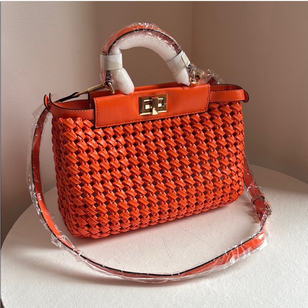 New! Woven Orange Handbag with Gold Accents